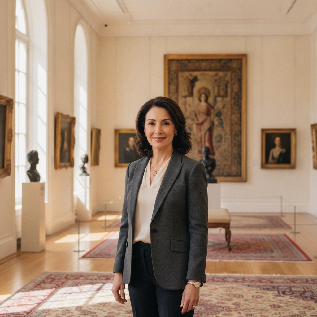 A confident auction house owner standing in their gallery